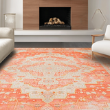 Ultra Soft Area Rug, Non Slip, Stain Resistant, Washable Area Rugs for Living Room, Bedroom, Elegant Distressed Ethnic Motif(Orange)