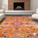 Ultra Soft Area Rug, Non Slip, Stain Resistant, Washable Area Rugs for Living Room, Bedroom, Artistic Distressed Circle Motif(Orange)