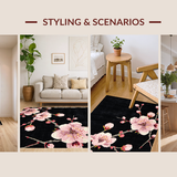 Ultra Soft Area Rug, Non Slip, Stain Resistant, Washable Area Rugs for Living Room, Bedroom, Rustic Black Cherry Blossom Artistry(Black)