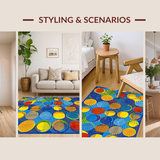 Ultra Soft Area Rug, Non Slip, Stain Resistant, Washable Area Rugs for Living Room, Bedroom, Whimsical Colorful Round Motif(Blue)