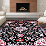 Ultra Soft Area Rug, Non Slip, Stain Resistant, Washable Area Rugs for Living Room, Bedroom, Rustic Tiled Floral Arrangement(Black)
