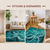 Ultra Soft Area Rug, Non Slip, Stain Resistant, Washable Area Rugs for Living Room, Bedroom, Marine Life Inspired with Abstract Octopus and School of Fish Design(Blue)