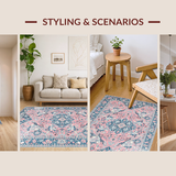 Ultra Soft Area Rug, Non Slip, Stain Resistant, Washable Area Rugs for Living Room, Bedroom, Rustic Geometric Tile Motif(Pink)