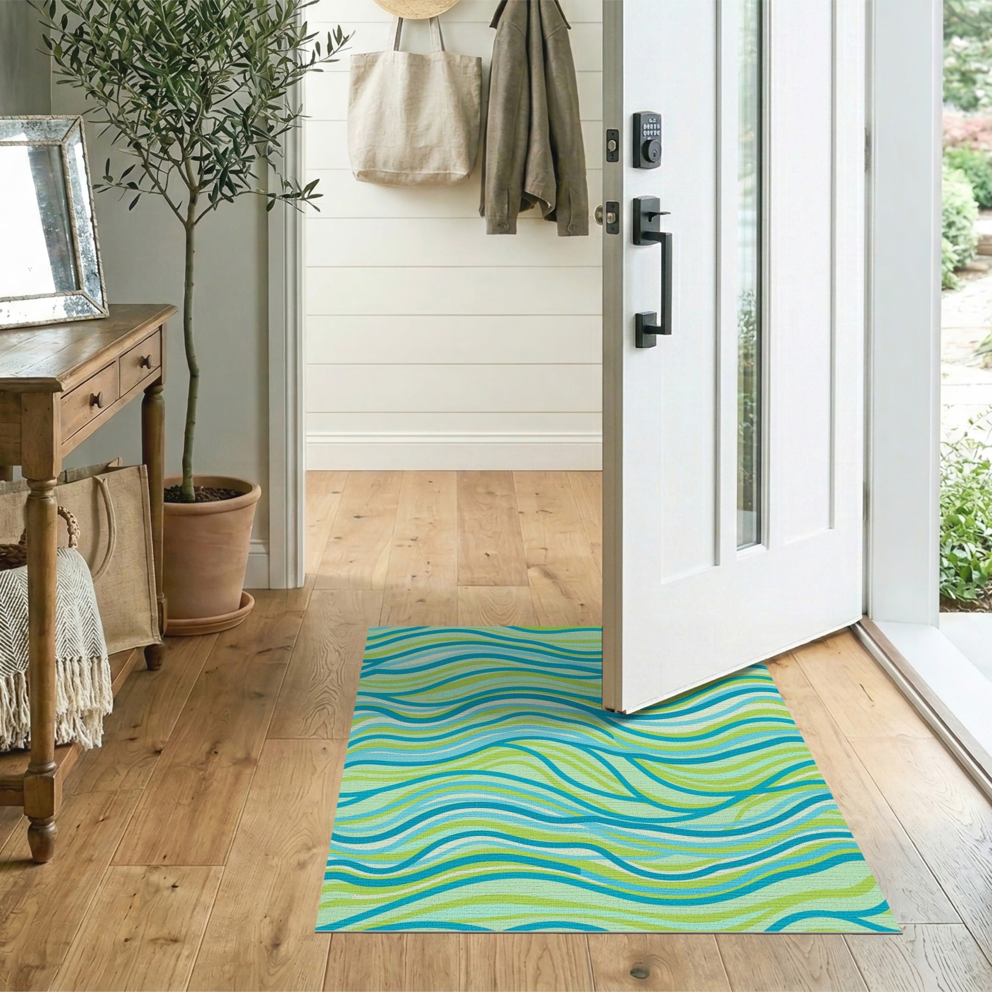ODIKA Abstract Wavy Turquoise & Lime Green Washable Area Rug - Low Pile, Non-Slip, Pet & Kid Friendly