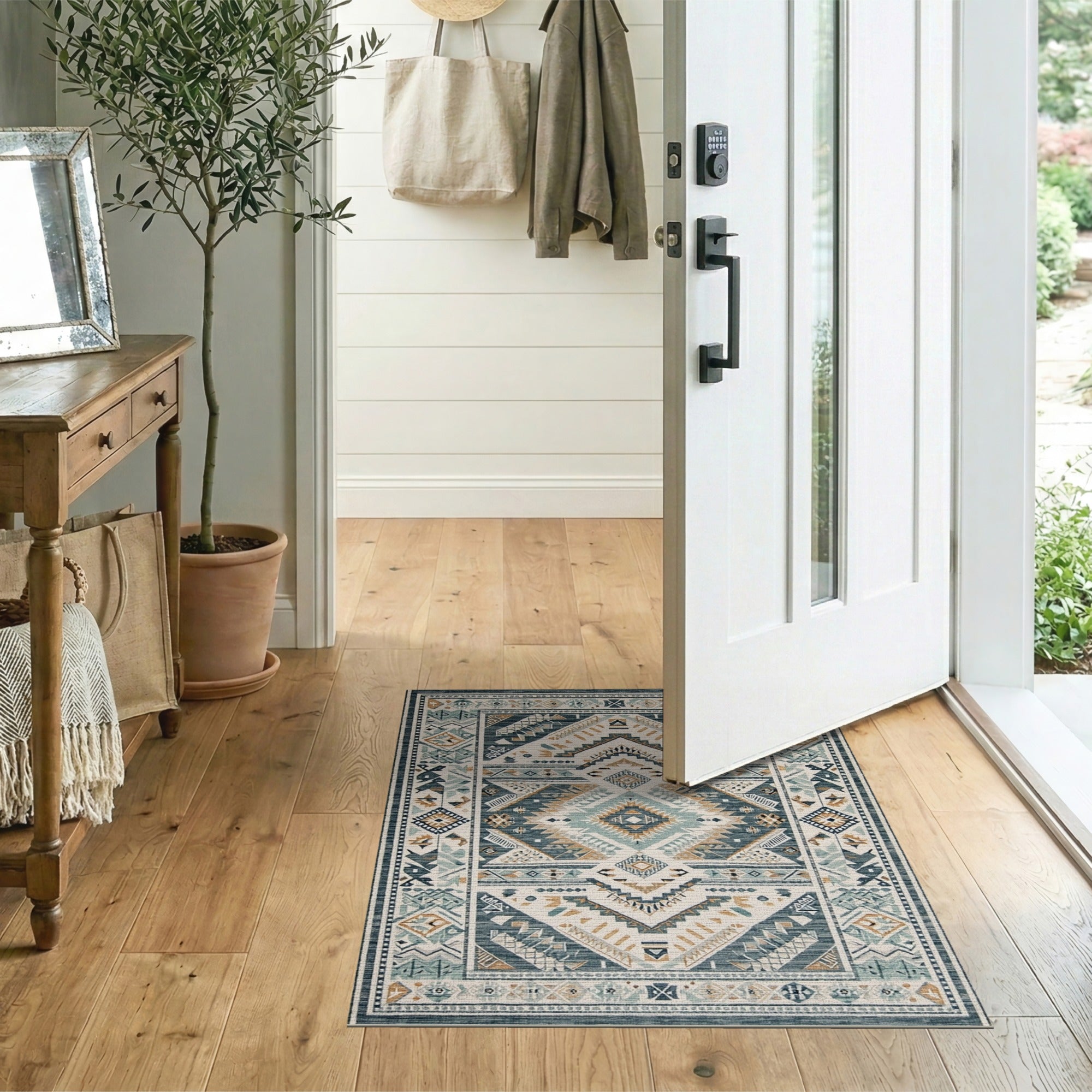 Blue and Teal Southwestern Diamond Geometric Area Rug