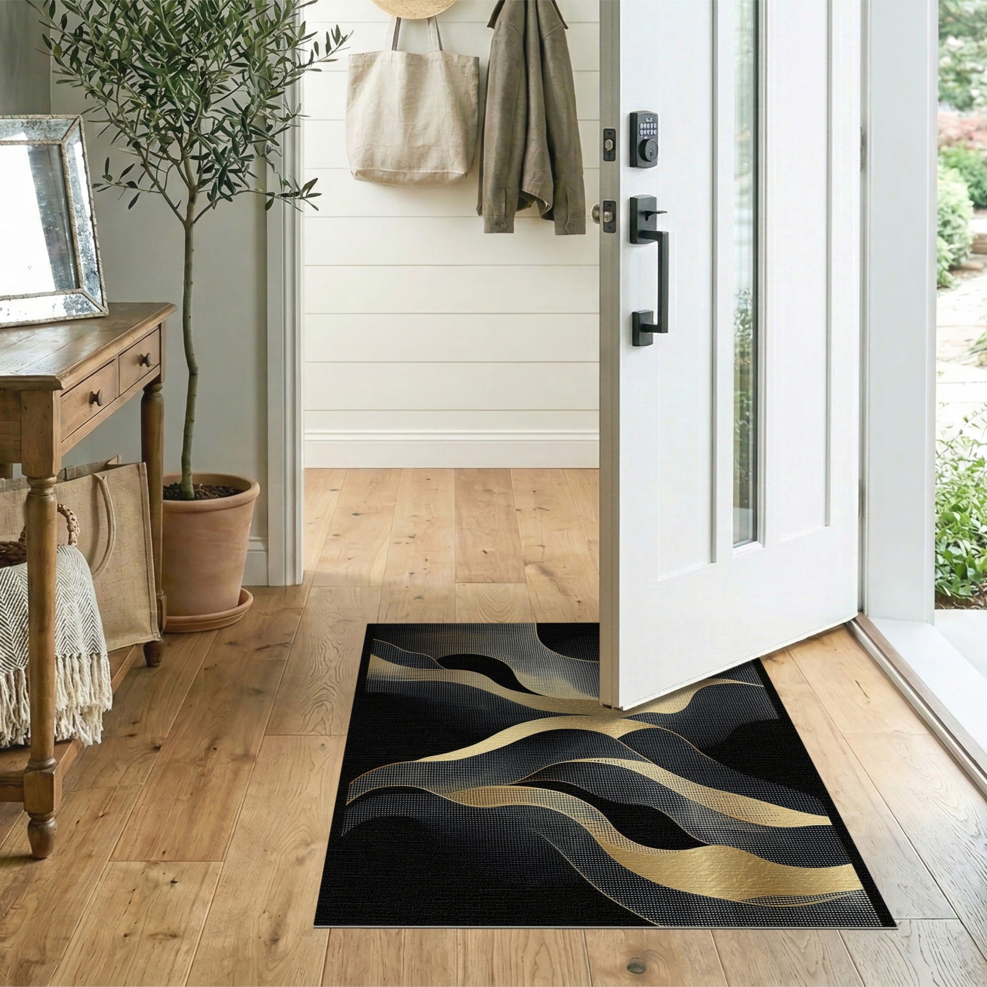 Gold Waves Black Abstract Area Rug