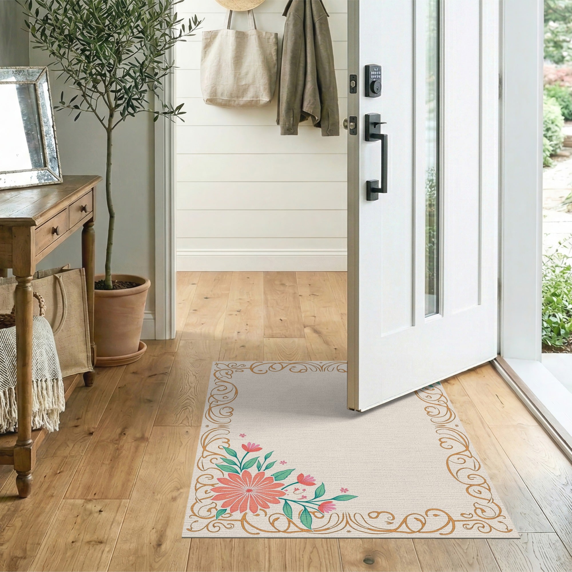 Floral Vintage Ornate Pink Floral Border Area Rug