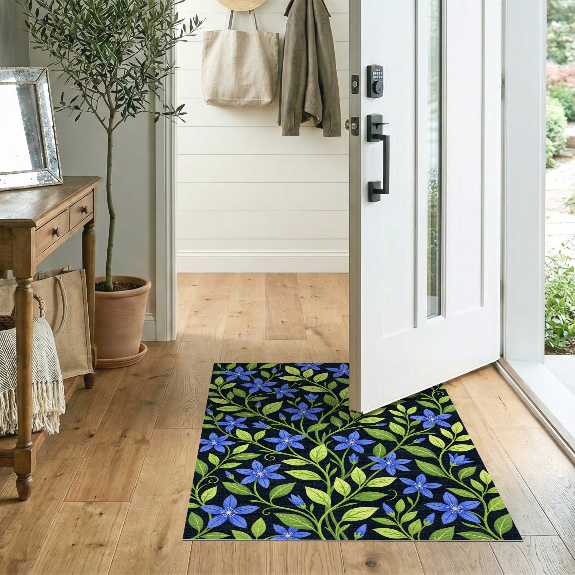 ODIKA Washable Blue Floral Area Rug - Low Pile Non-Slip Vintage Botanical Carpet