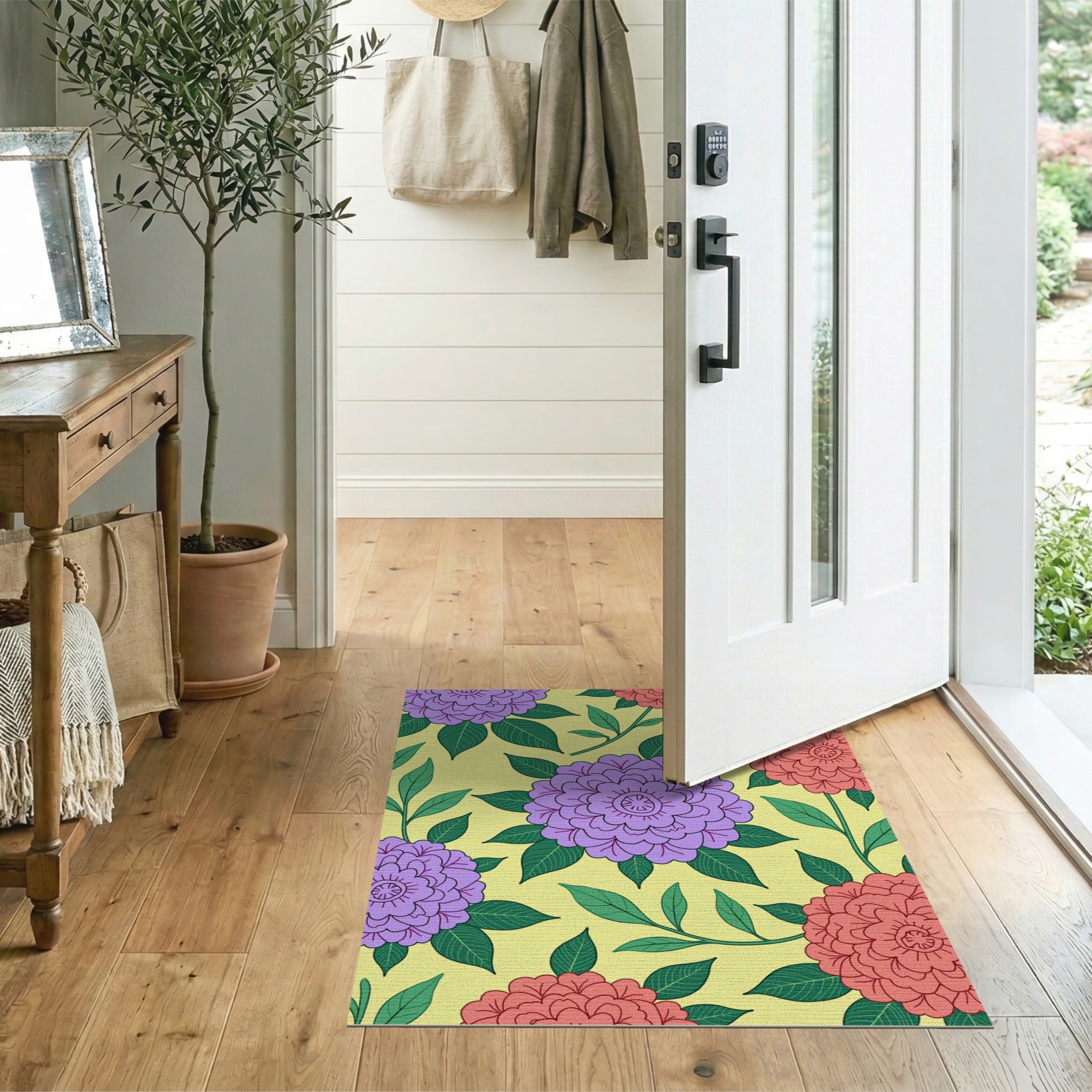 Vibrant Purple Red Chrysanthemum Yellow Area Rug