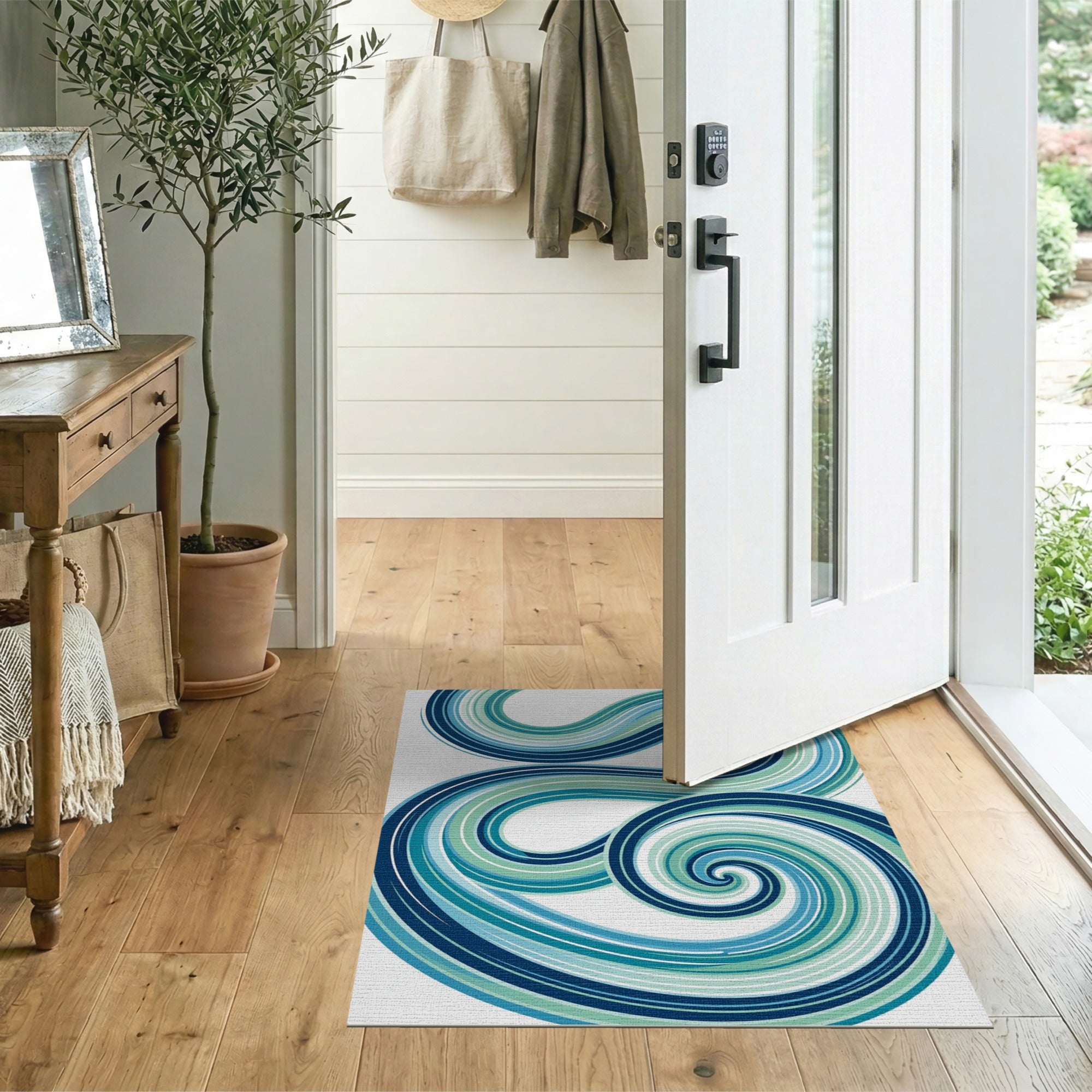 ODIKA Abstract Teal & Blue Wave Washable Area Rug, Low Pile Non-Slip Modern Art Carpet