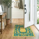 Golden Yellow Area Rug with Teal Celtic Knot Border