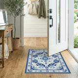 Blue and Teal Blue Floral Vintage Washable Area Rug