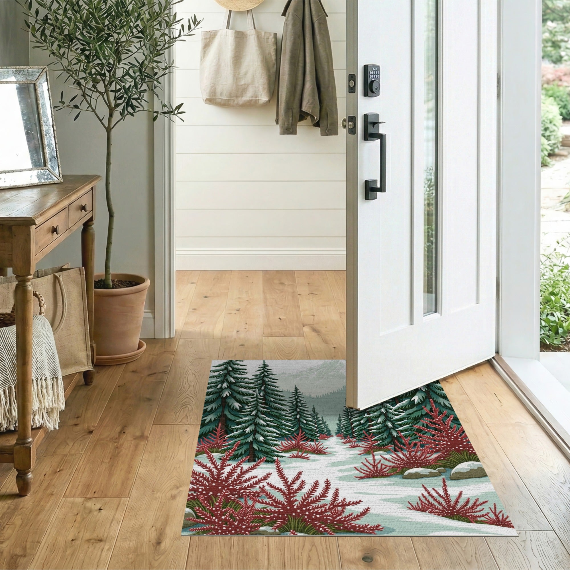 Snowy Pine Forest Path with Red Shrubs Area Rug