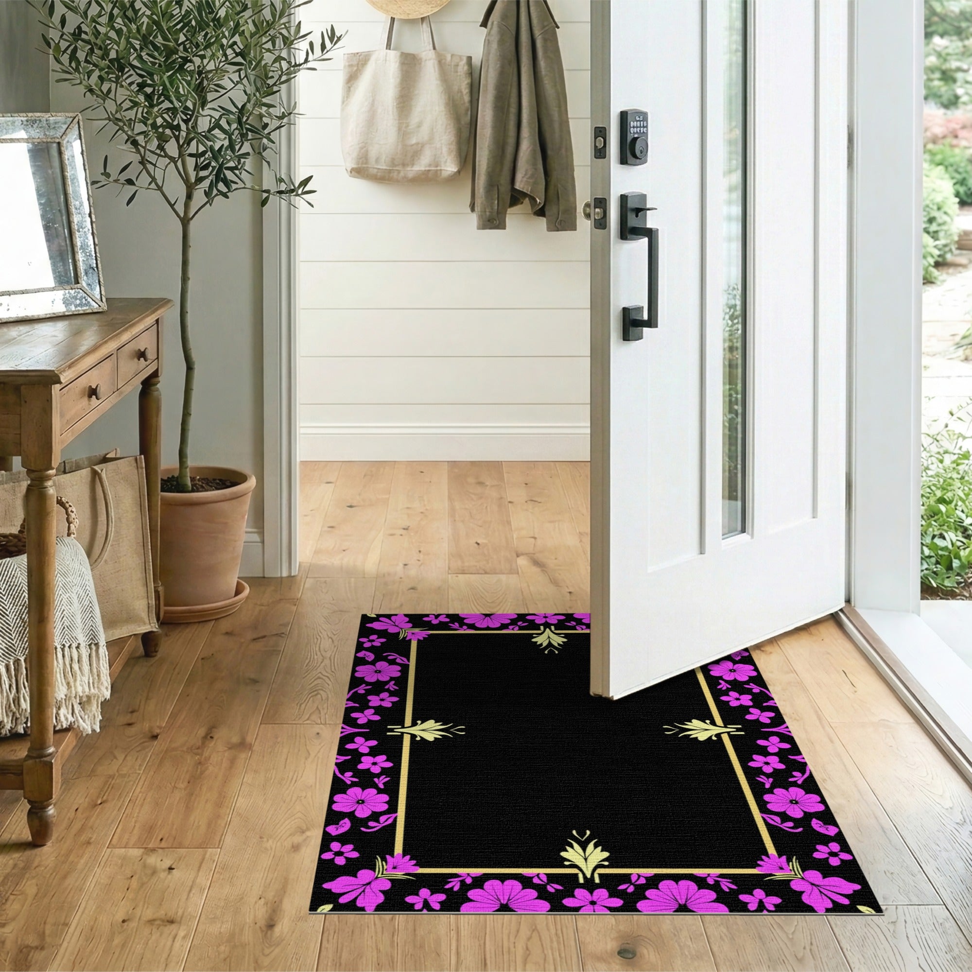 Ornate Pink Floral Frame Floral Vintage Area Rug