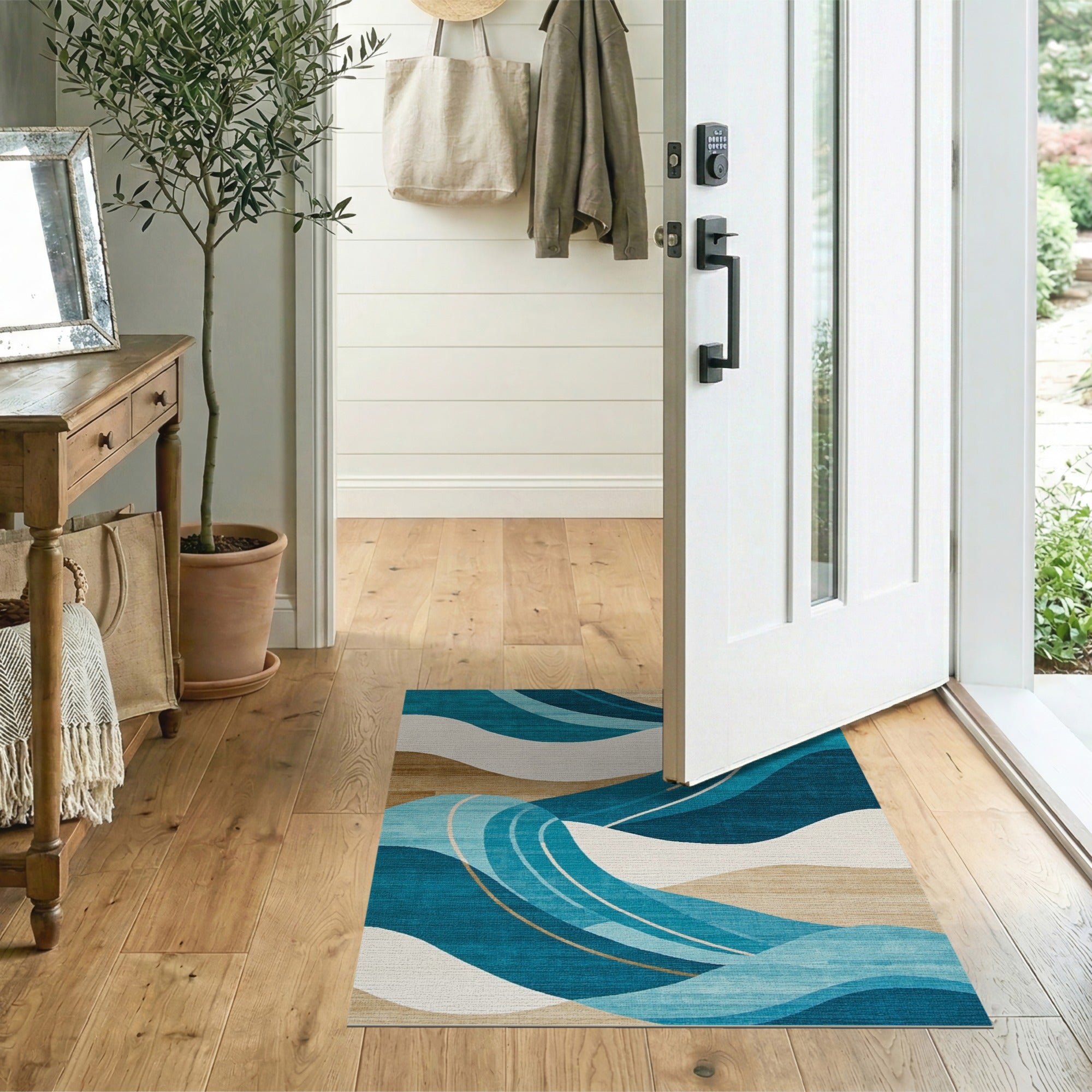 ODIKA Washable Abstract Blue Wave Area Rug - Low Pile, Non-Slip, Kid & Pet Friendly