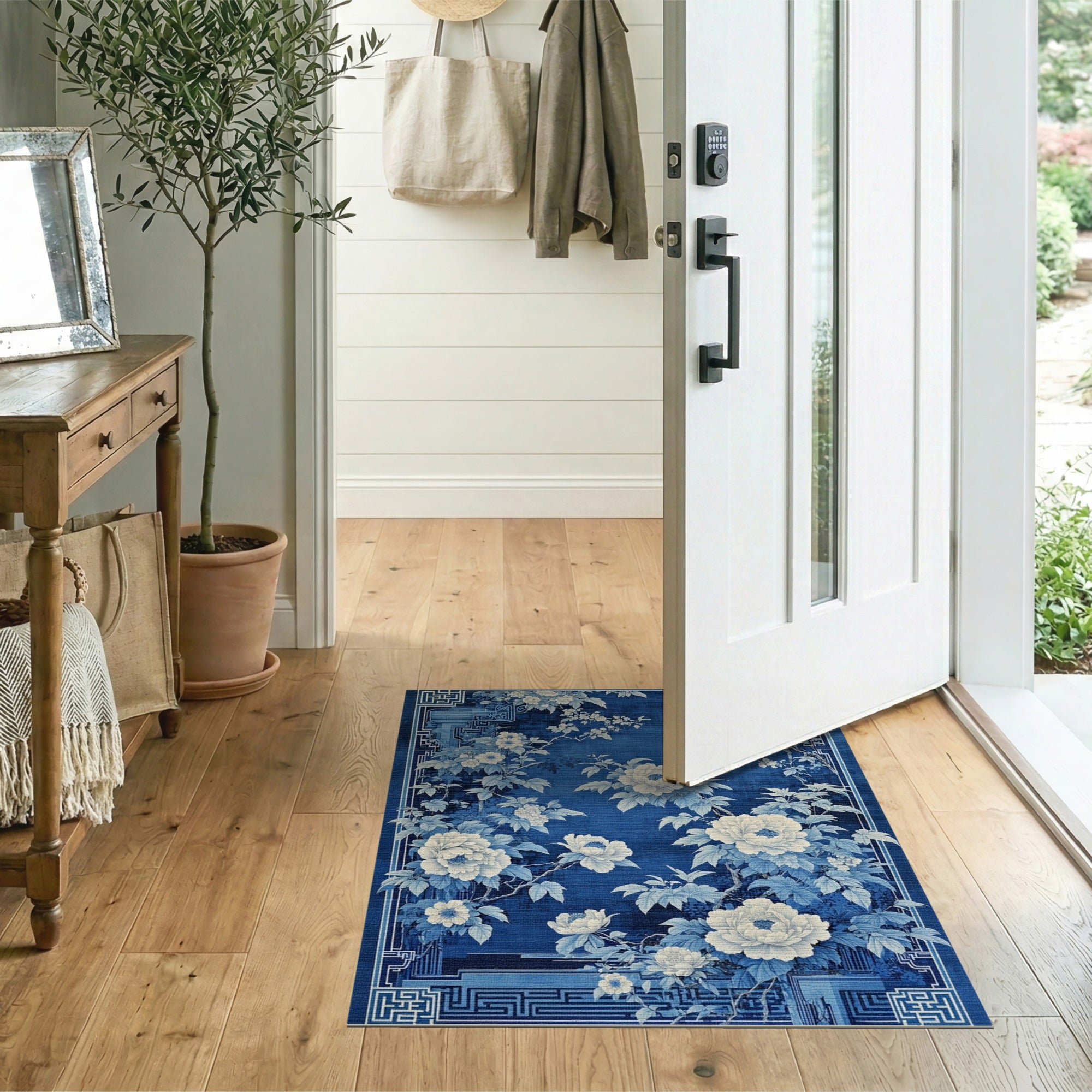 Floral Vintage Blue and Teal Navy Blue Peony Floral Area Rug