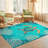 ODIKA Sea Turtle Coastal Washable Rug - Teal Ocean Coral Low Pile Area Rug
