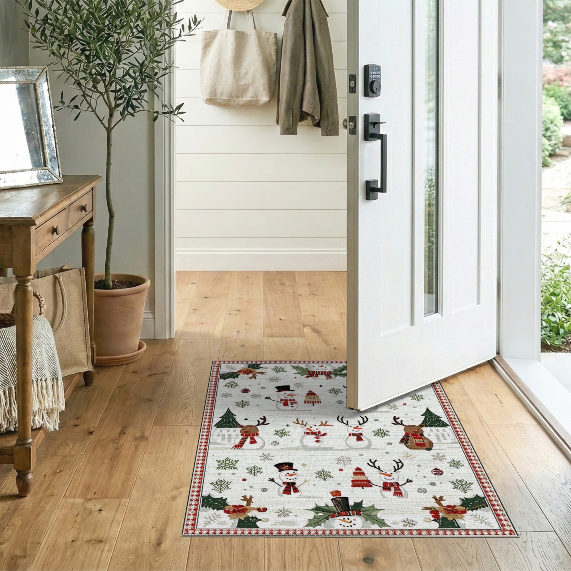 ODIKA Washable Christmas Snowman Reindeer Area Rug, Low Pile Festive Holiday Decor