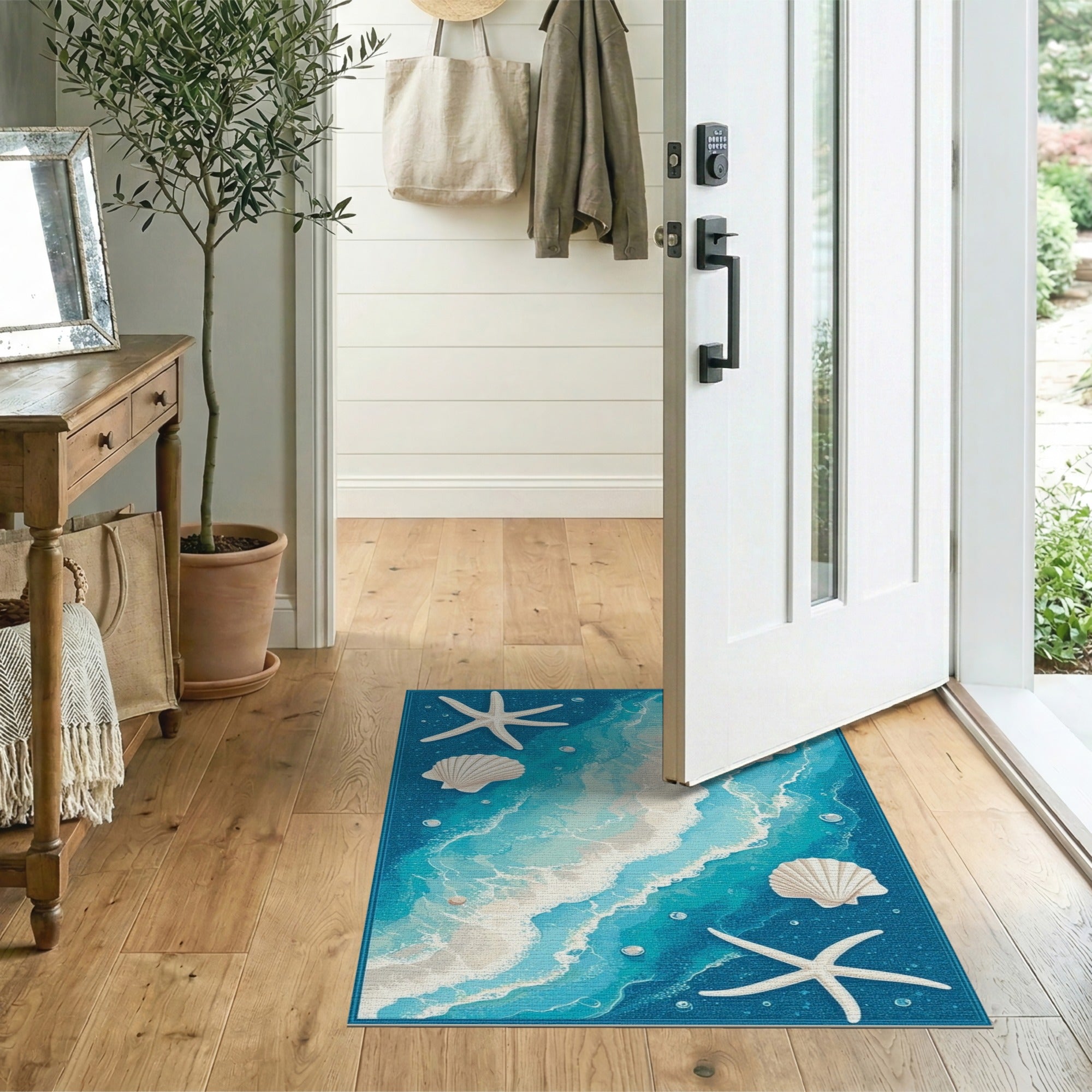 ODIKA Coastal Starfish & Seashells Washable Area Rug - Non-Slip Low Pile Beach Decor