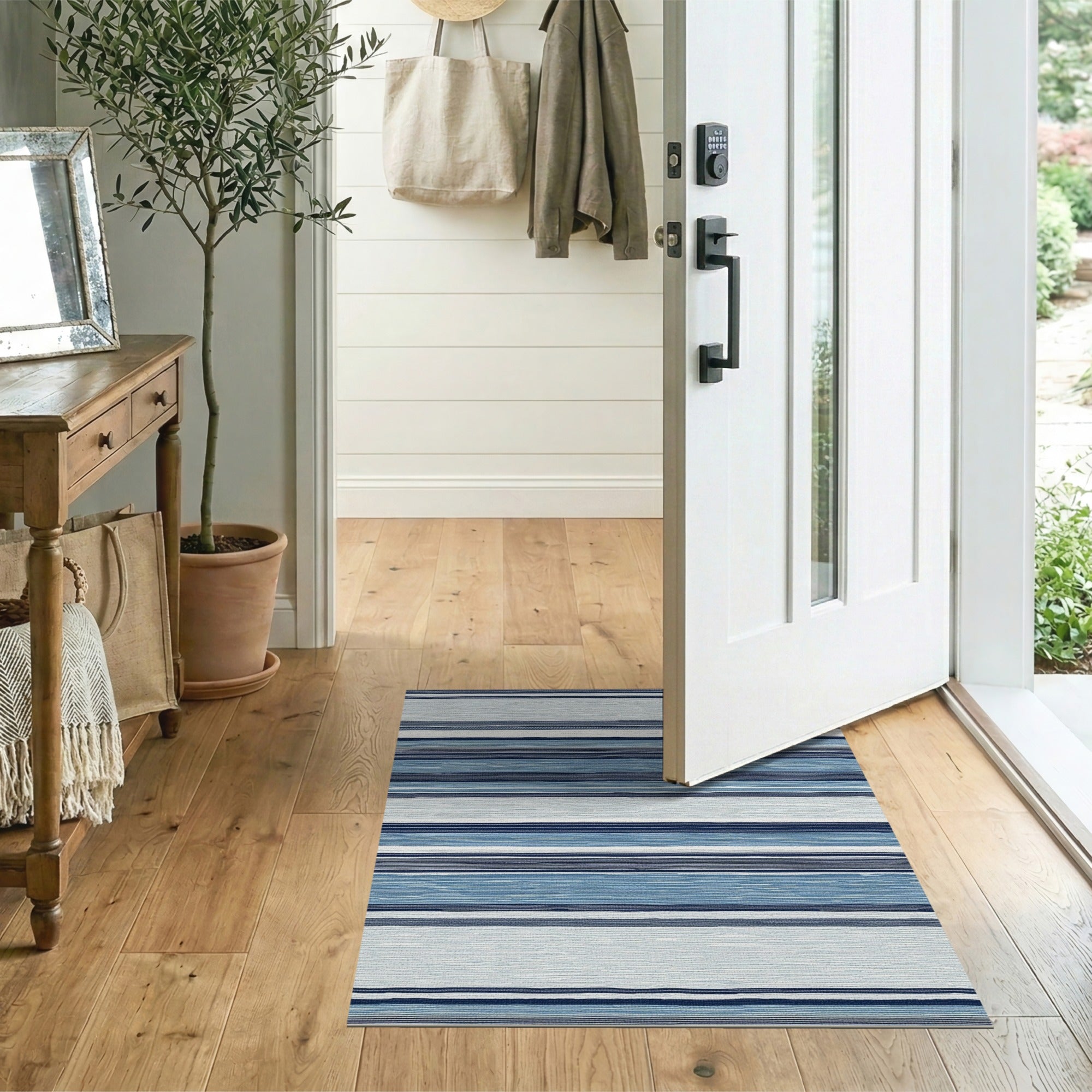 Geometric Modern Blue and Teal Navy Blue Striped Geometric Area Rug