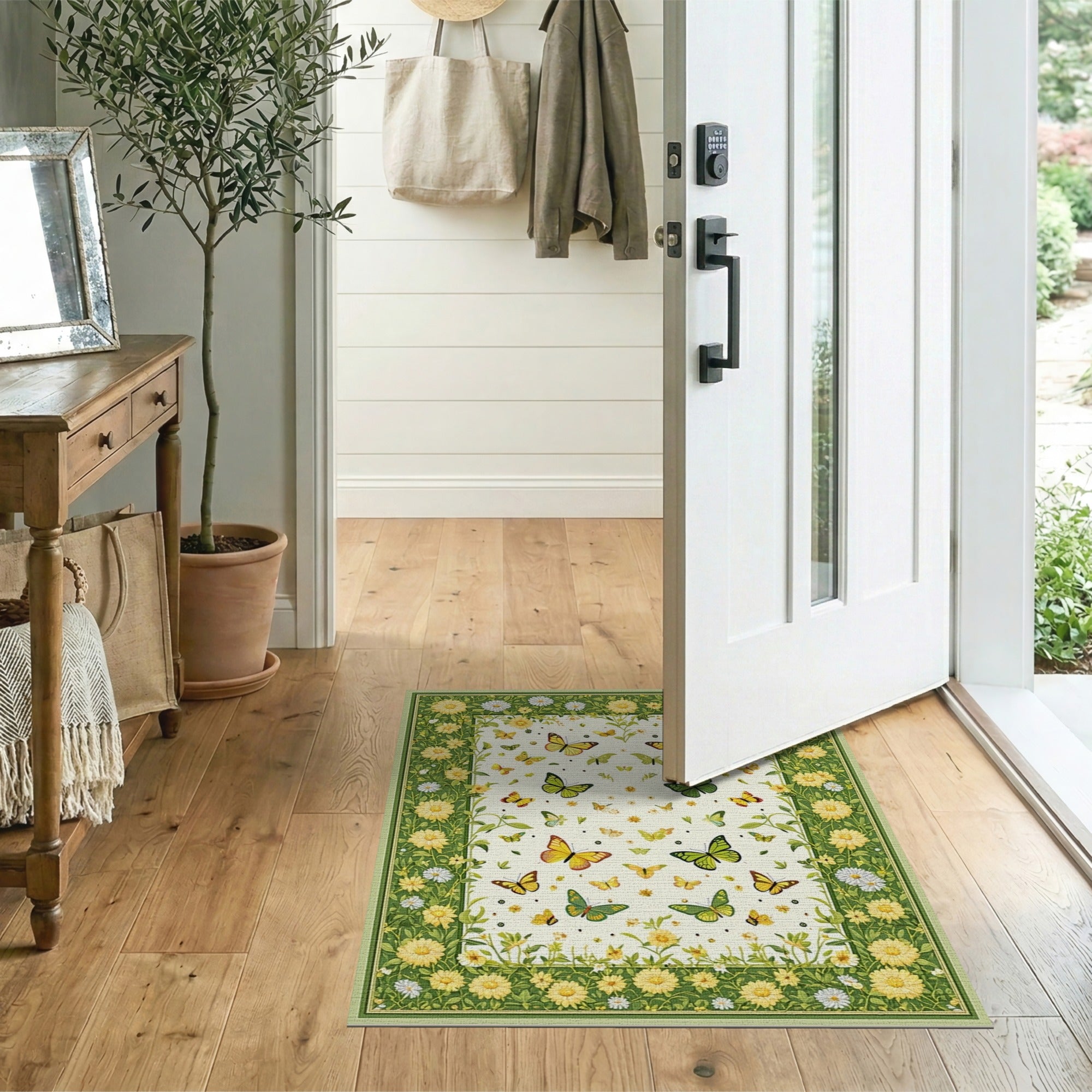 ODIKA Washable Butterfly Floral Garden Rug - Non-Slip Low Pile Area Rug