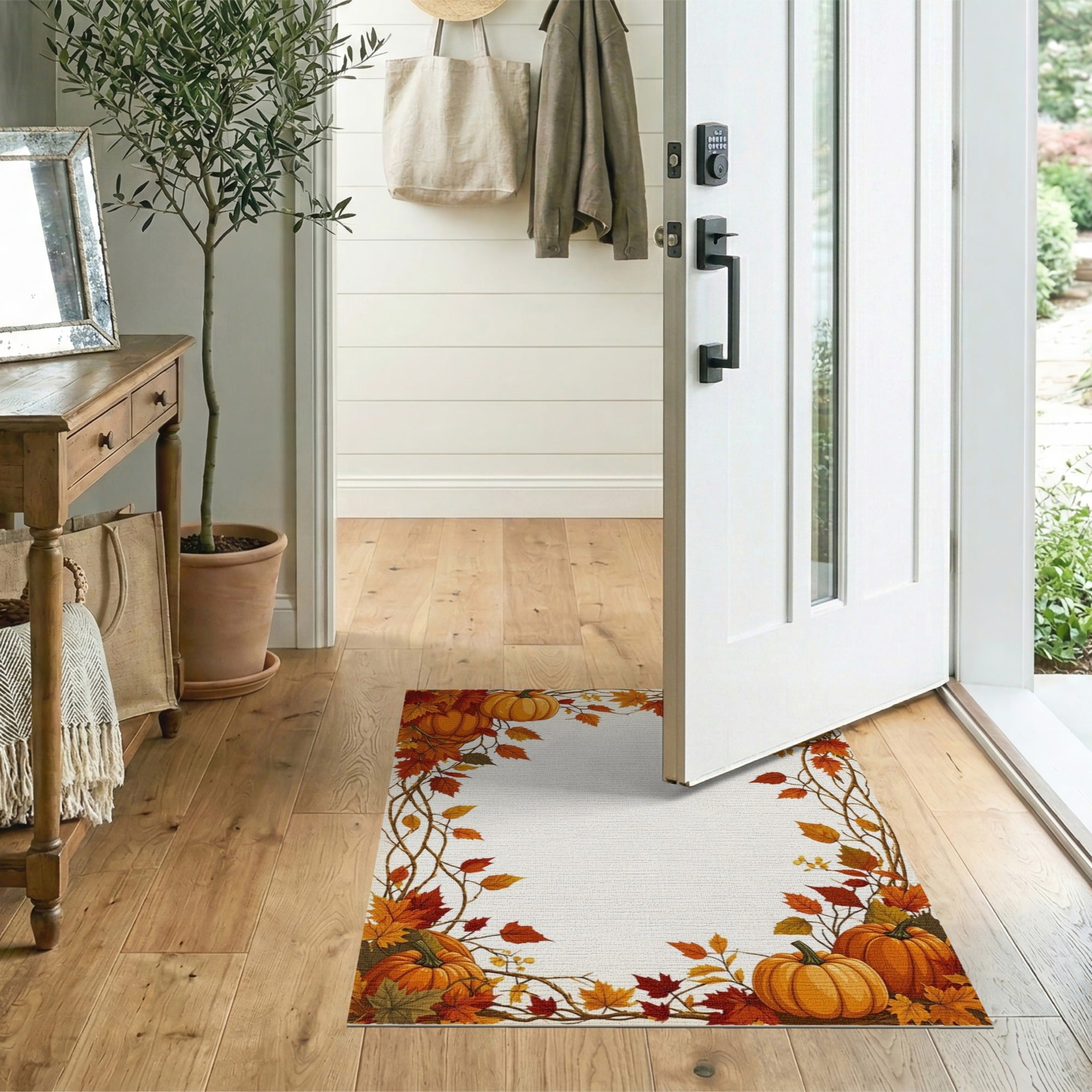 ODIKA Autumn Pumpkin & Maple Leaf Washable Non-Slip Low Pile Area Rug