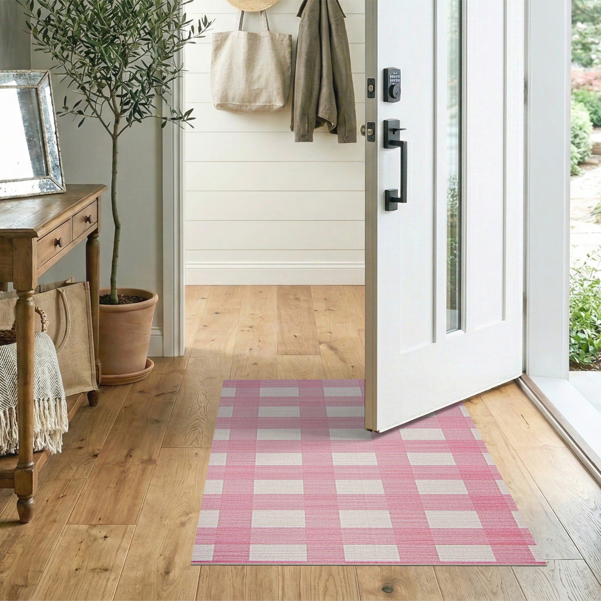 Rustic Farmhouse Pink Gingham Checkered Area Rug
