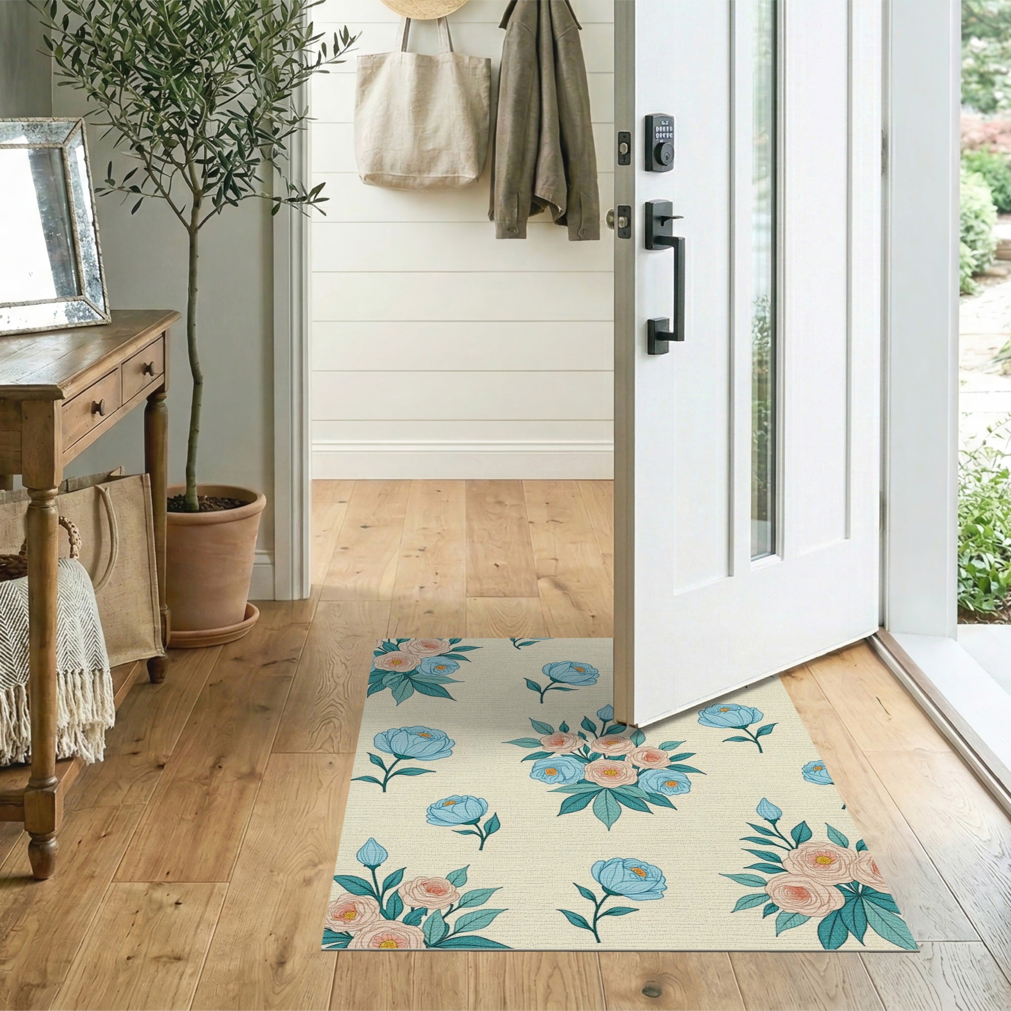 Vintage Blush Pink Blue Peony Floral Area Rug