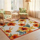 ODIKA Tropical Hibiscus Washable Area Rug - Low Pile Orange Floral Non-Slip Rug