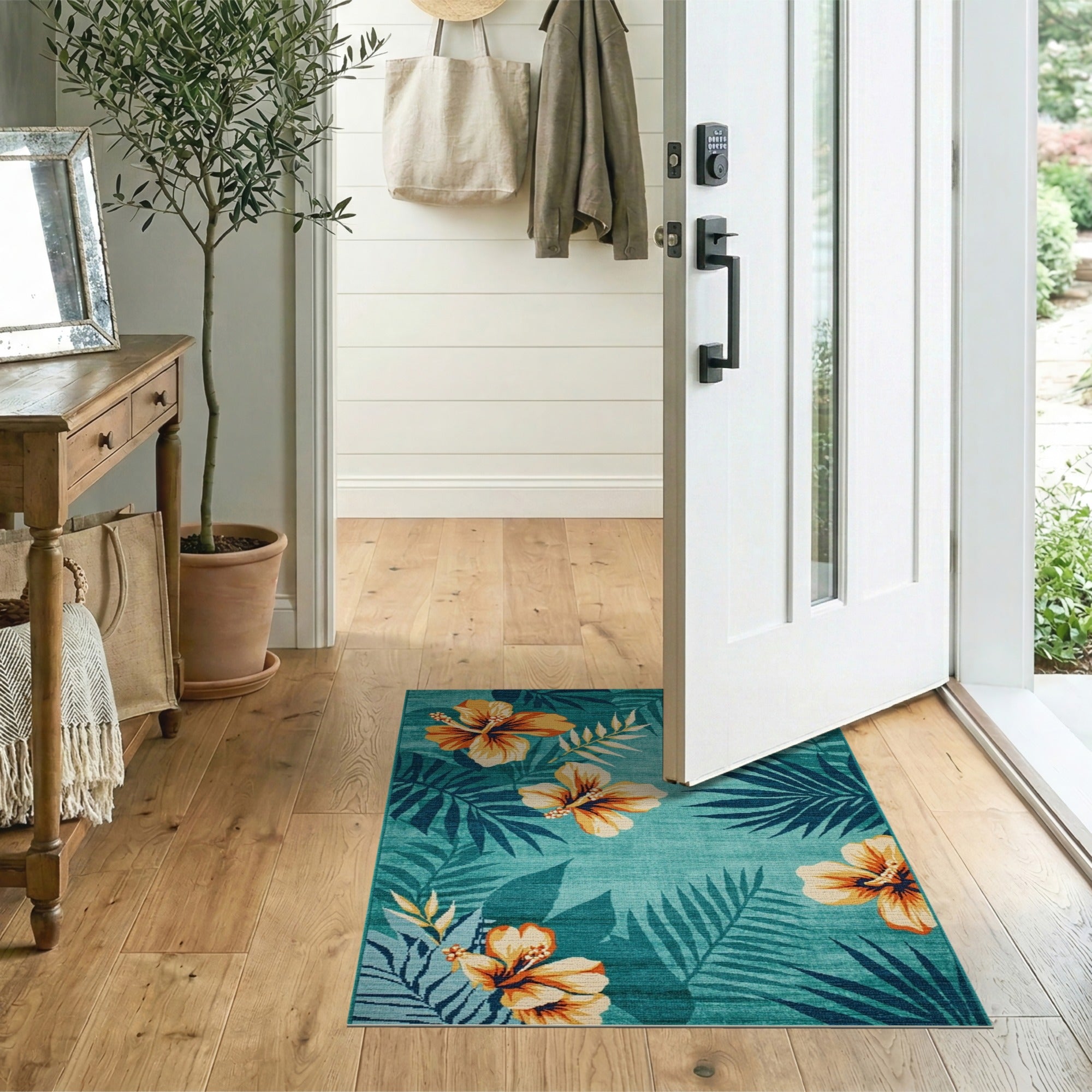 Teal Hibiscus and Palm Leaf Coastal Area Rug