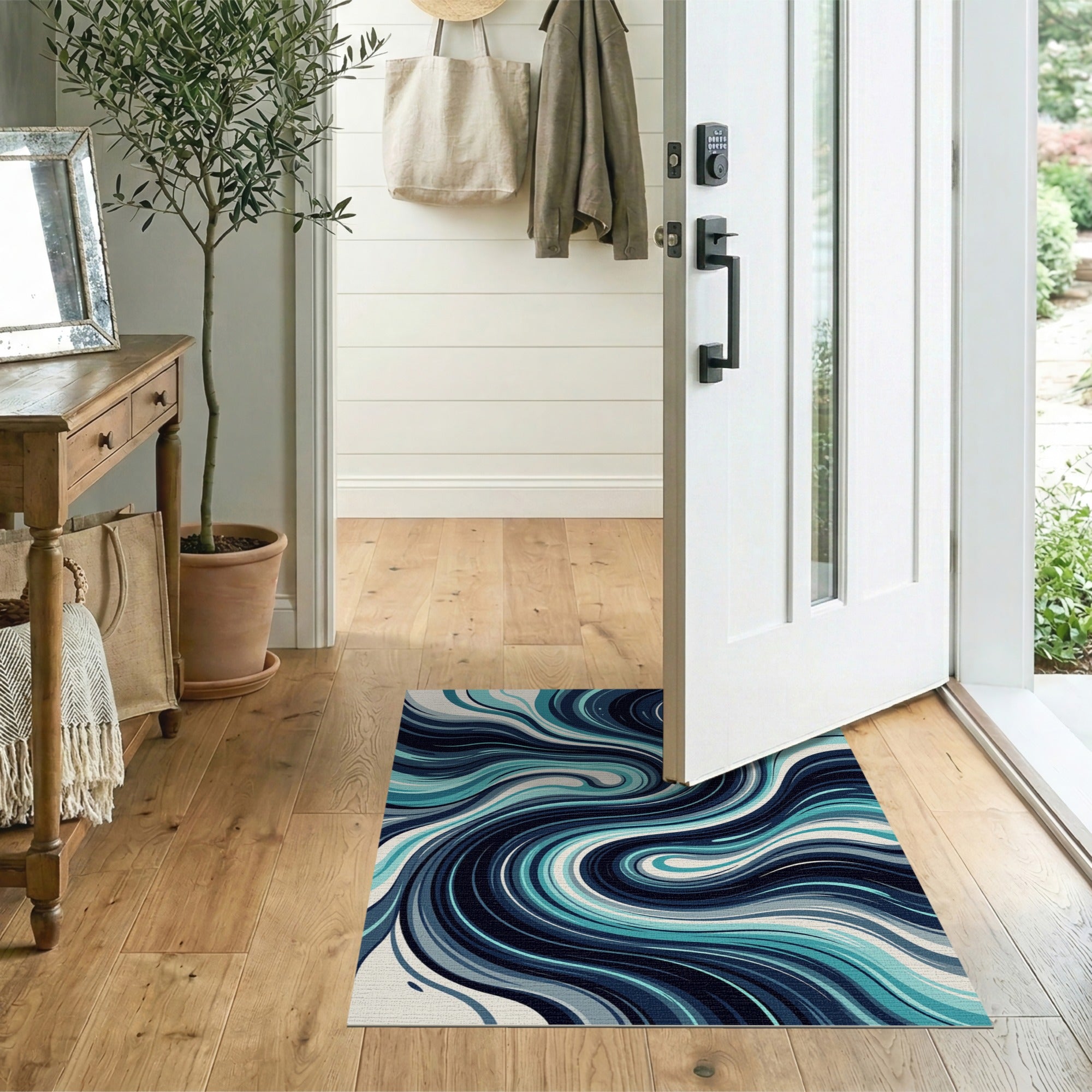 Blue and Teal Abstract Area Swirling Teal Waves Abstract Area Rug