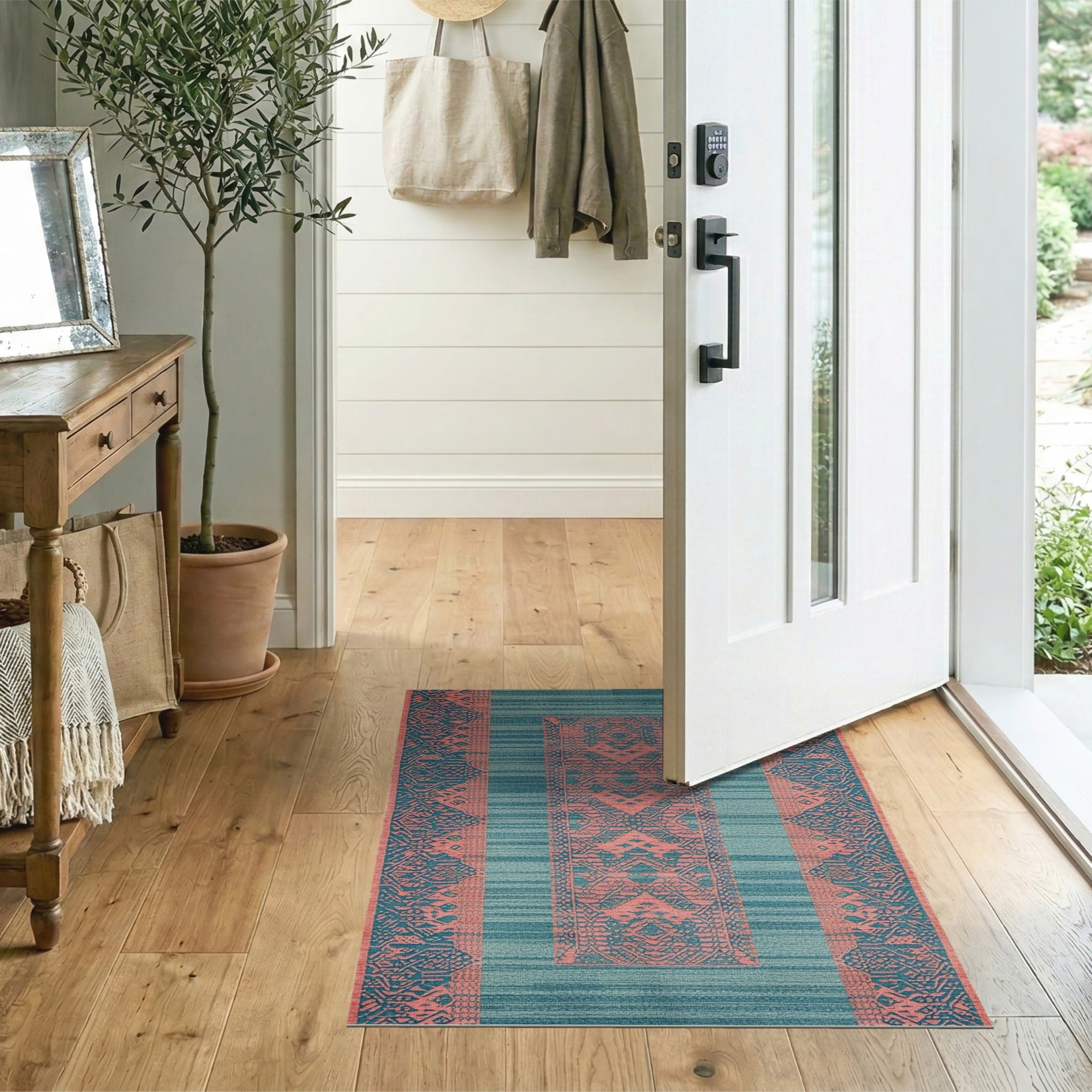 Teal and Coral Heritage Tribal Area Rug