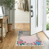 Vintage Floral Border Rug with Pink Roses Blue Hydrangeas