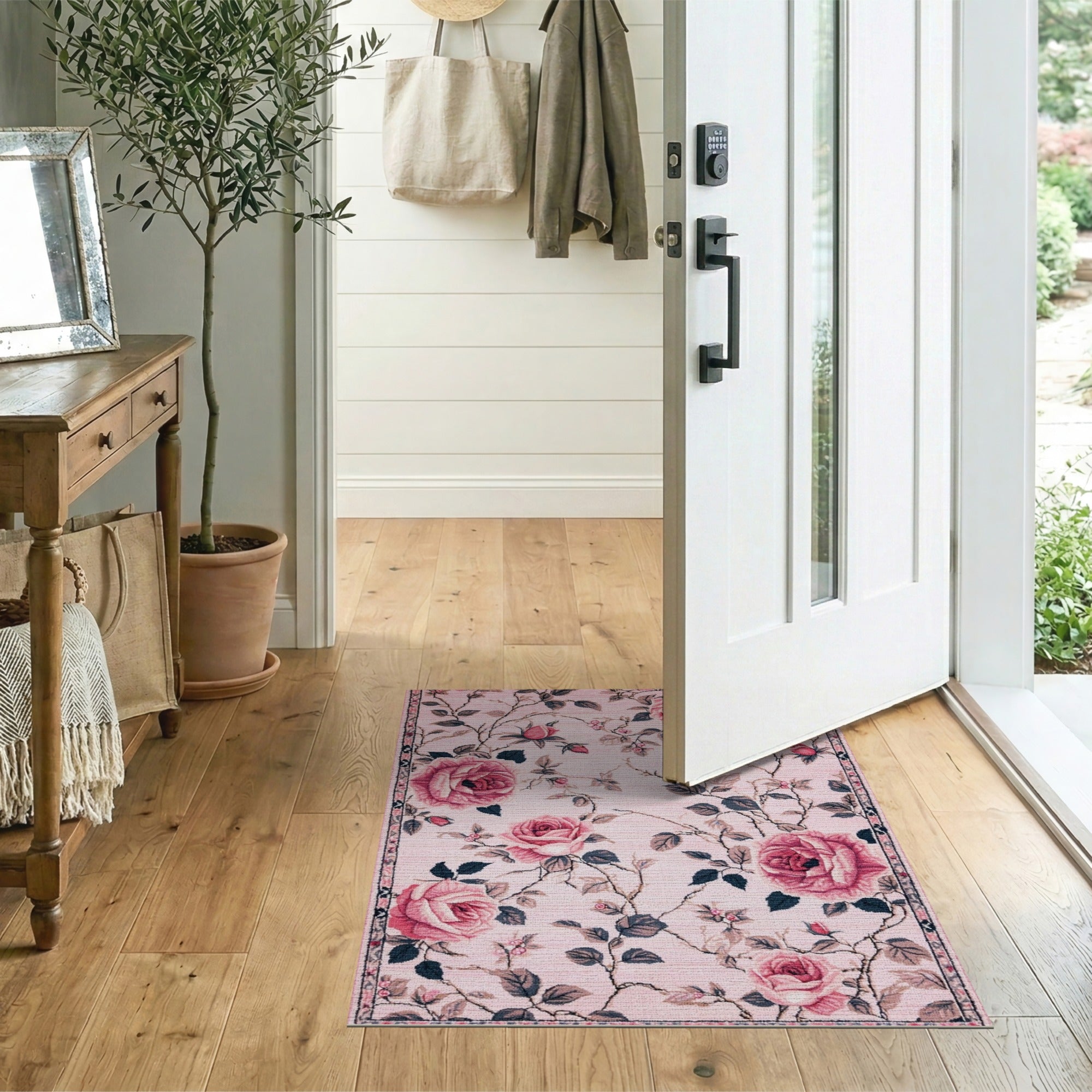Floral Vintage Pink Rose Floral Area Rug
