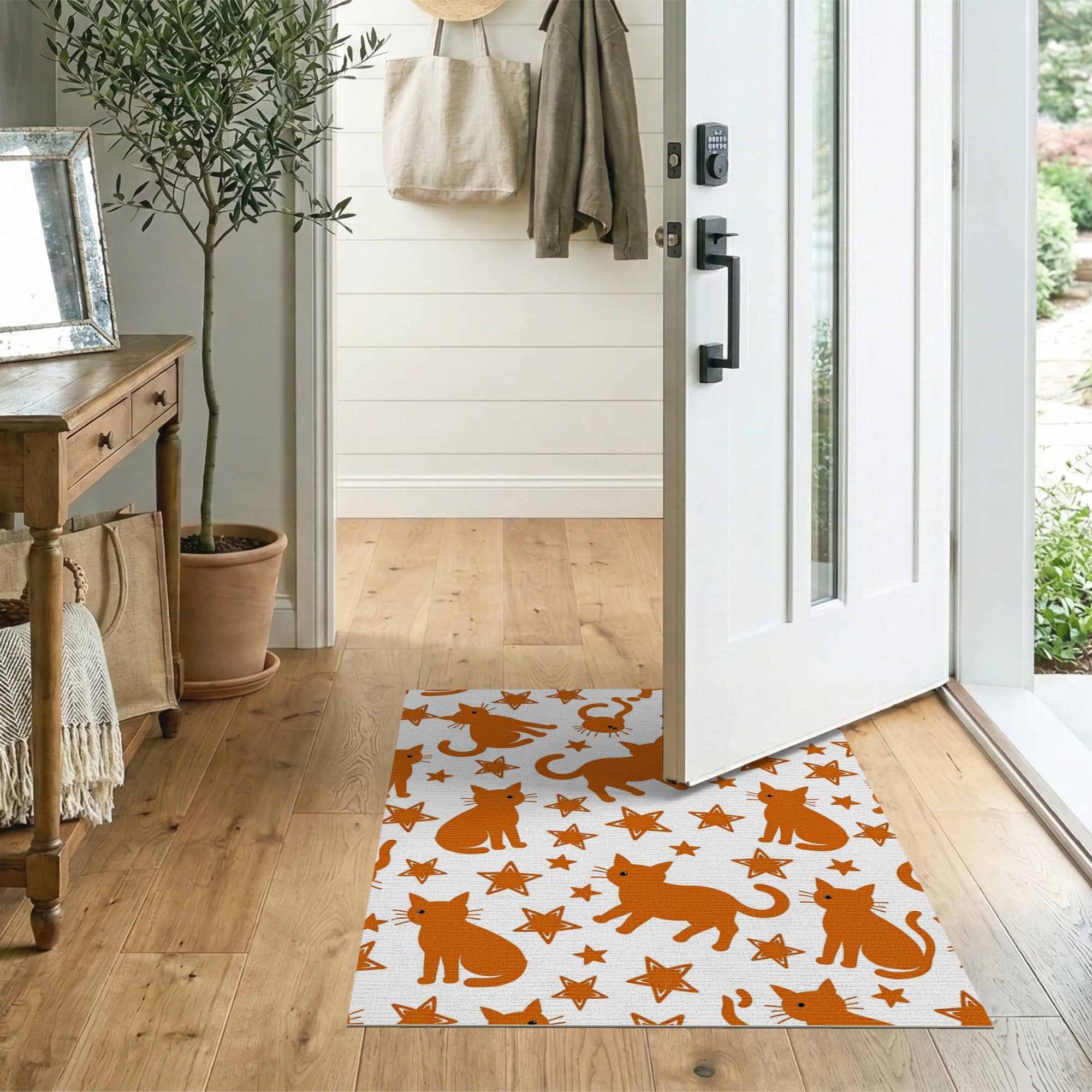 Whimsical Orange Cats Stars Kids Area Rug