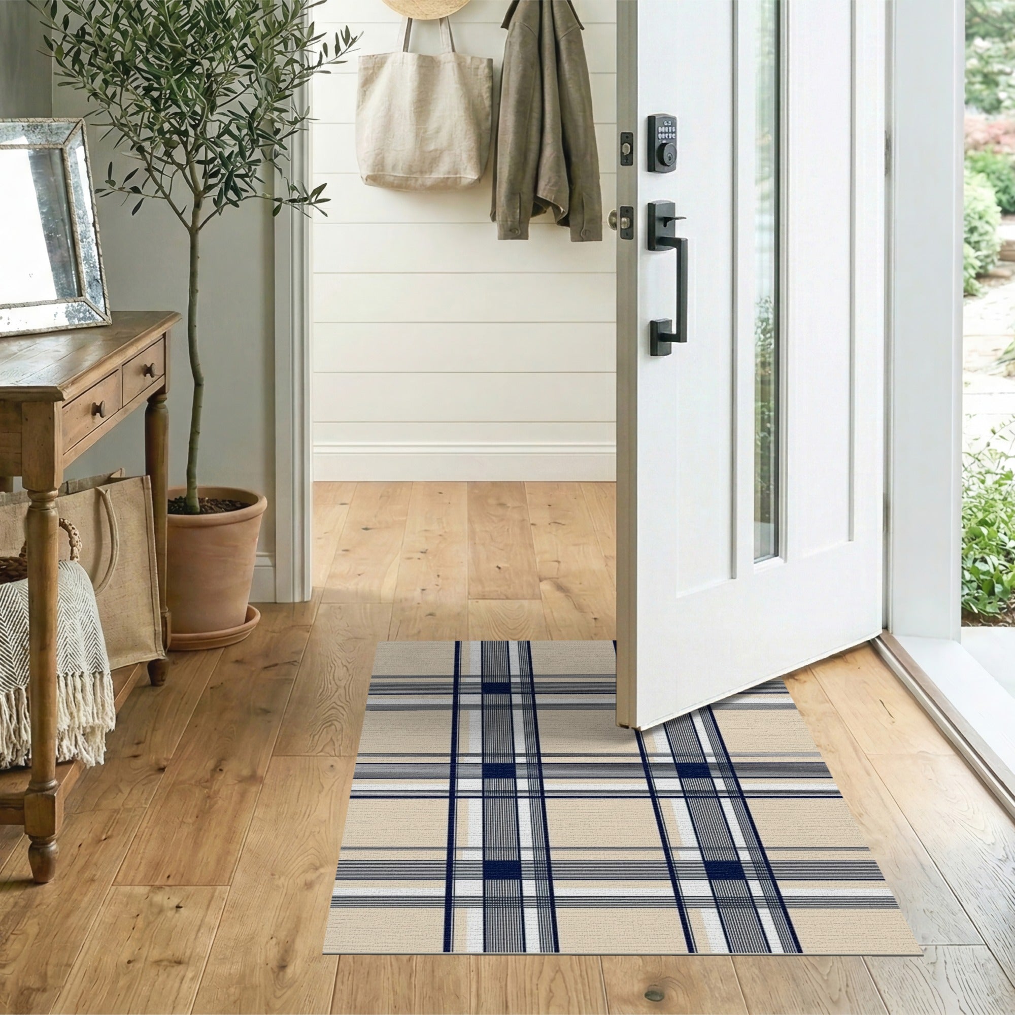 Classic Navy Plaid Beige Area Rug
