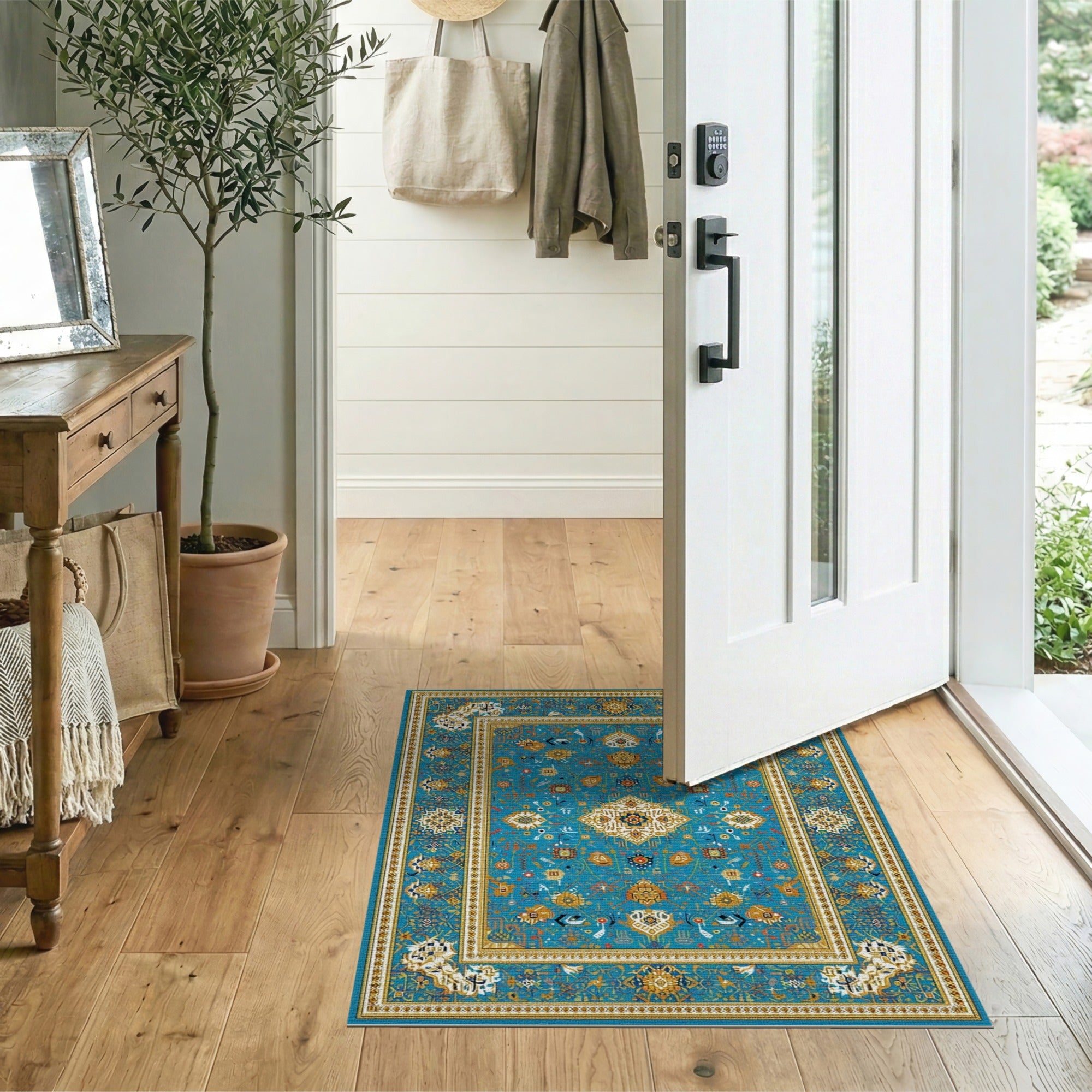 Turquoise Persian Area Rug with Golden Motifs