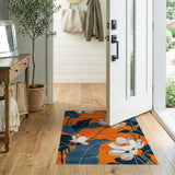 Vibrant Orange Lotus Blossom Rug with Navy Leaves