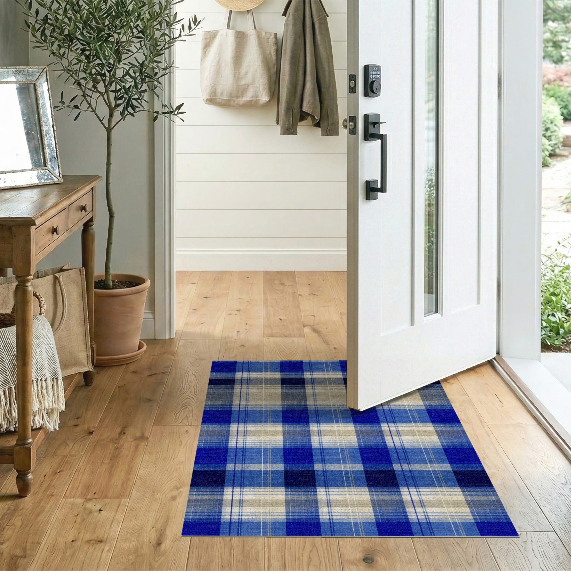 Rustic Farmhouse Navy Blue Plaid Area Rug