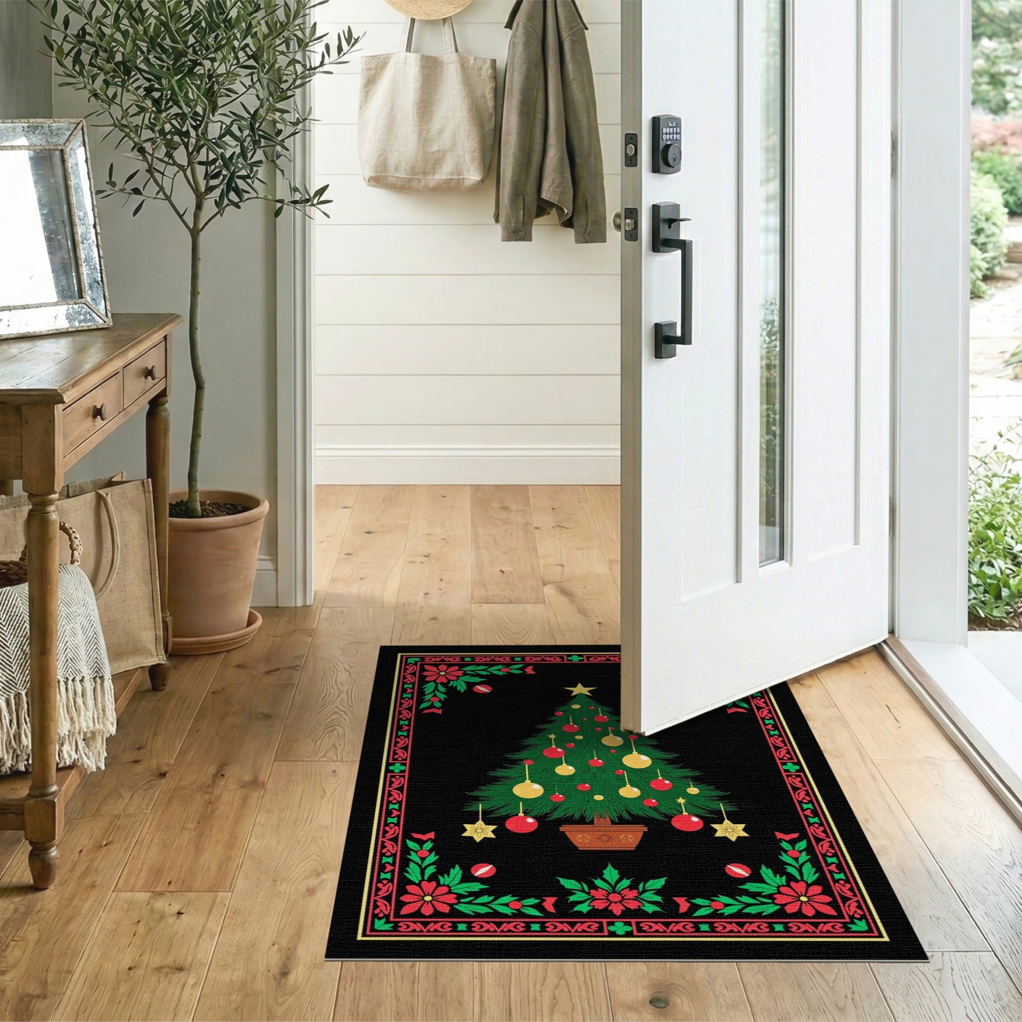 Festive Christmas Tree Area Rug with Poinsettia Border