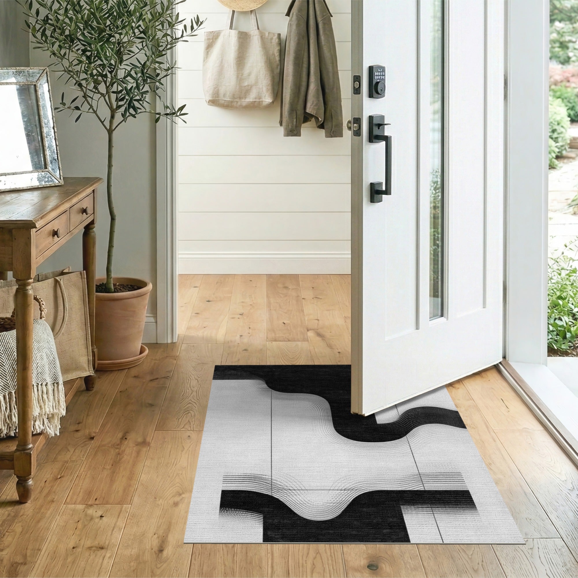 ODIKA Modern Abstract Black and White Washable Area Rug - Low Pile & Non-Slip