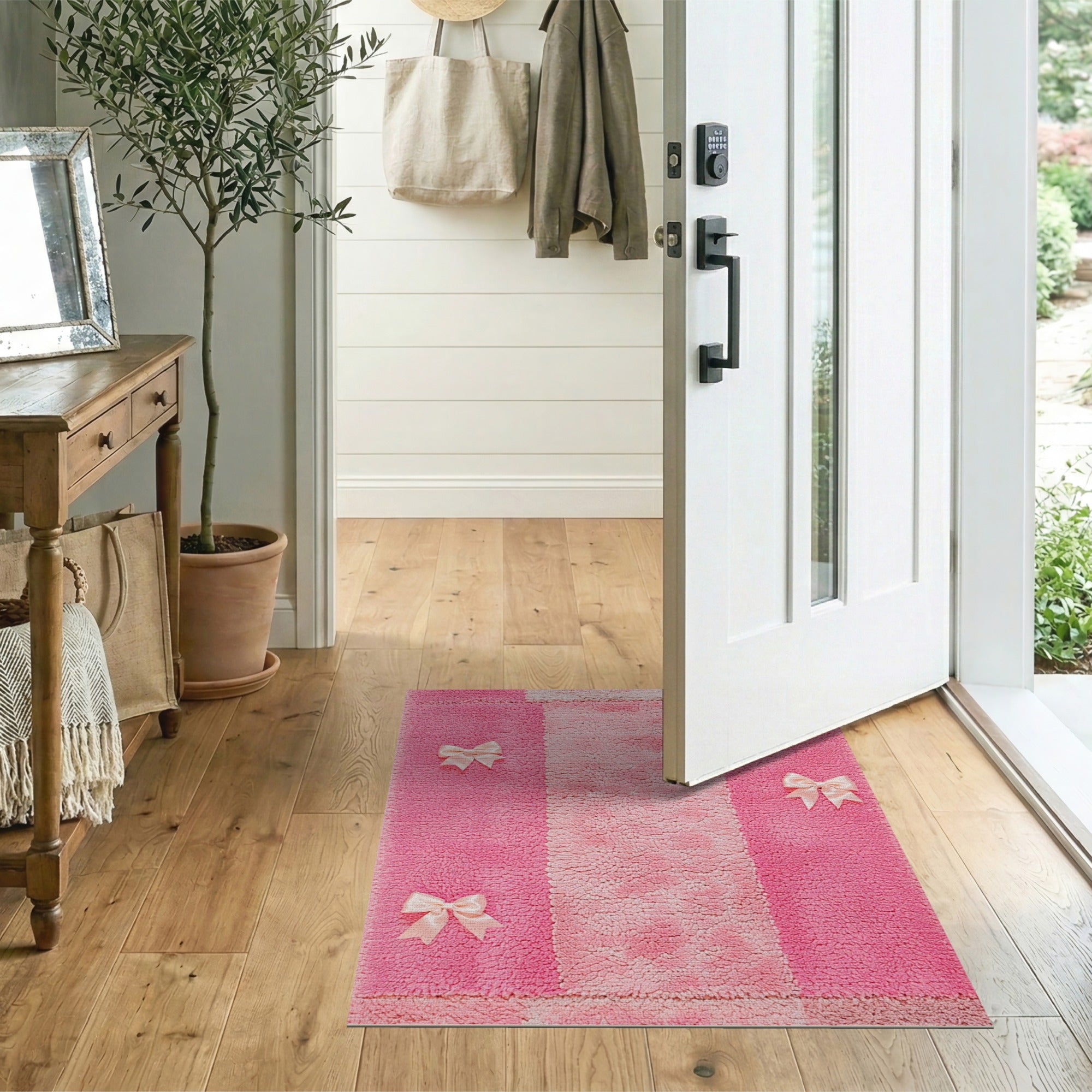 Fluffy Pink Patchwork Shag Rug with Satin Bows