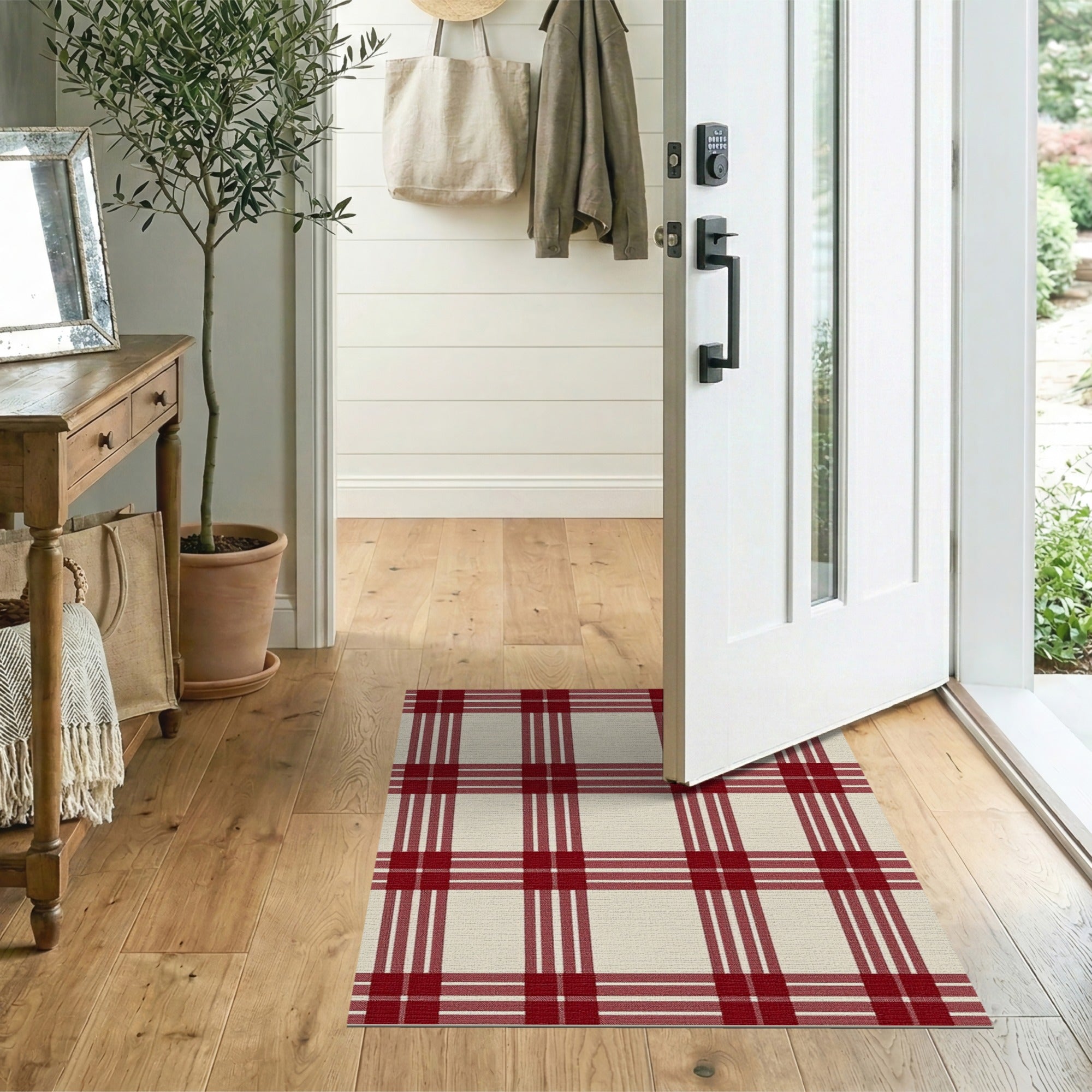 Red Plaid Checkered Rustic Farmhouse Area Rug