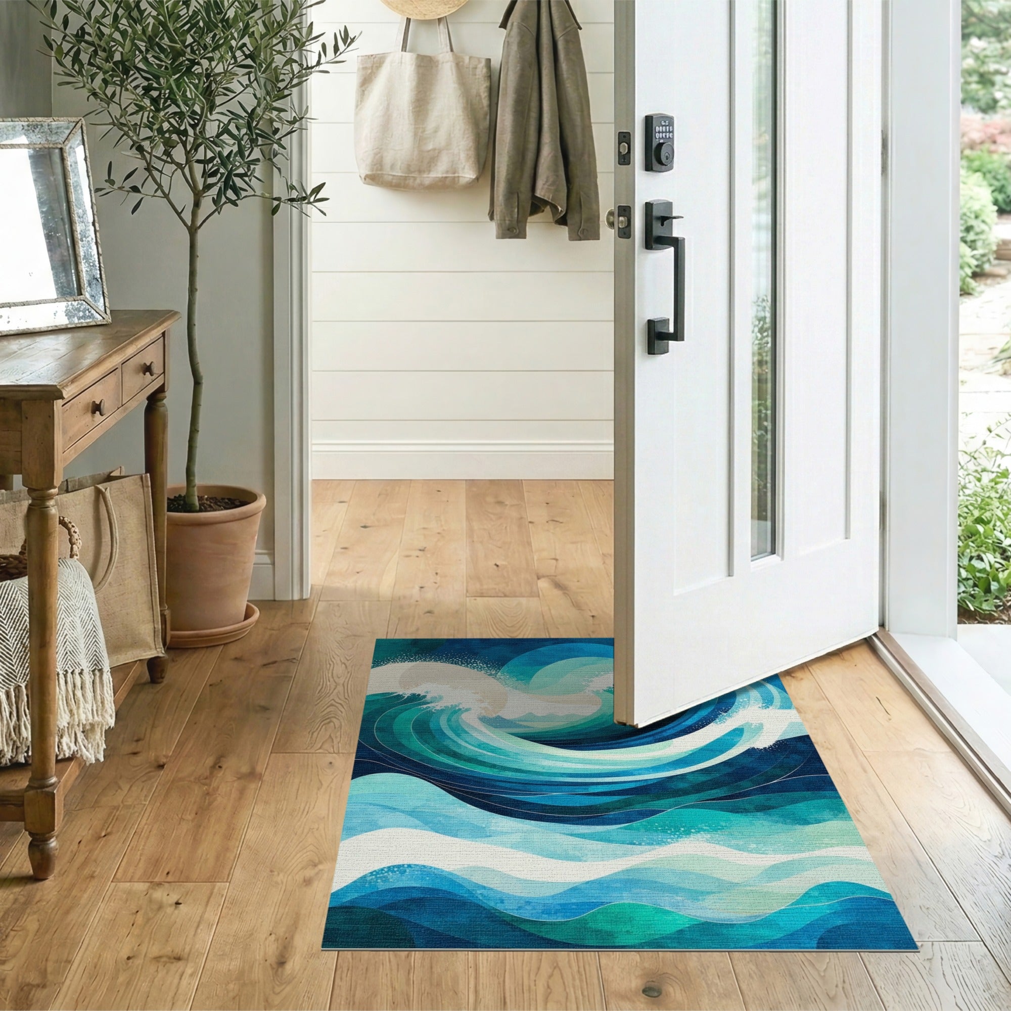 Teal Blue Cascading Ocean Waves Area Rug