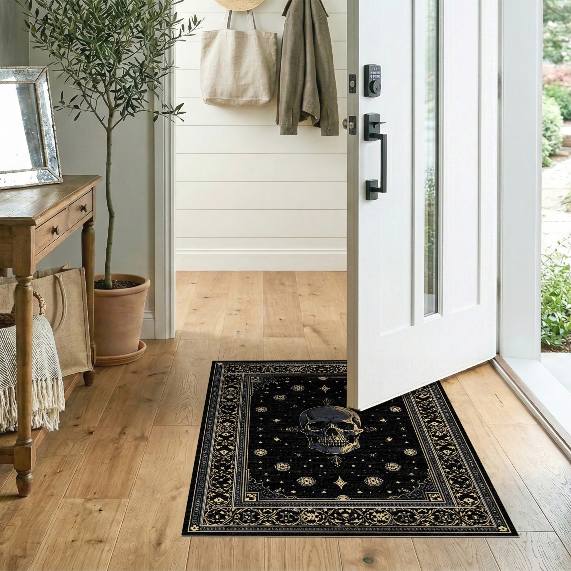 Washable Gothic Skull Area Rug Black and Gold Low Pile Non-Slip