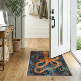 Orange Octopus Blue Distressed Vintage Area Rug