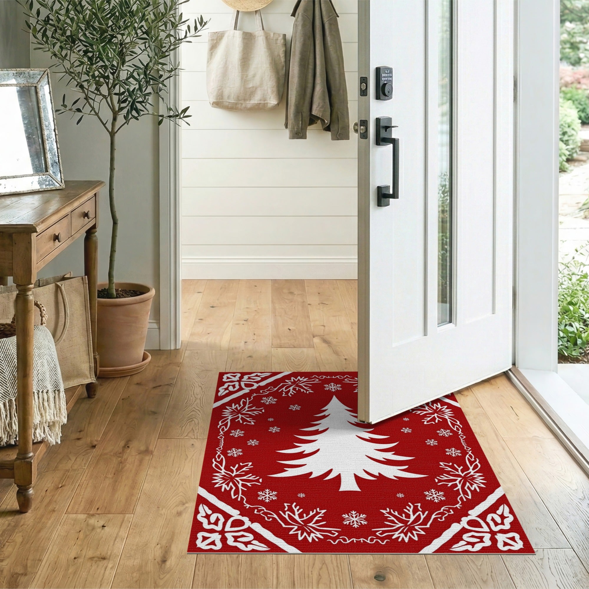 Festive White Christmas Tree on Red Snowflakes Rug