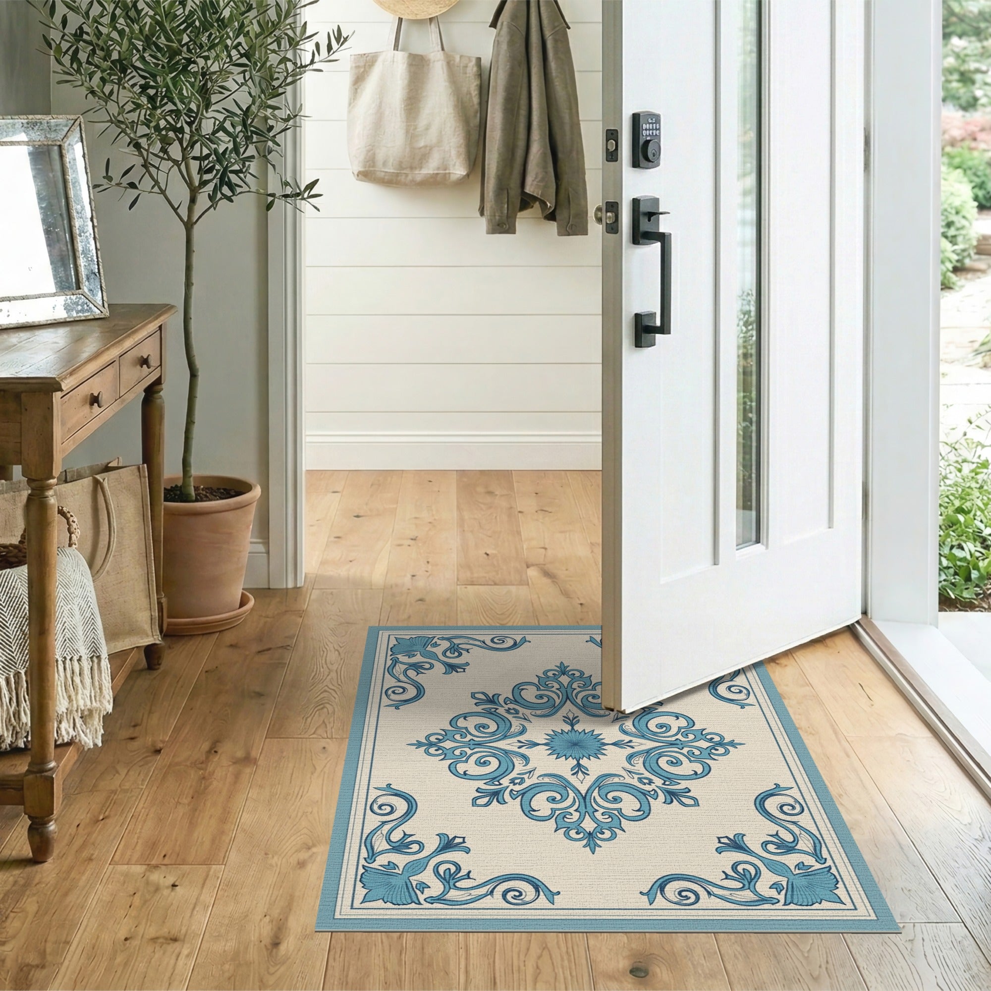 Floral Vintage Blue and Teal Elegant Blue Floral Damask Area Rug