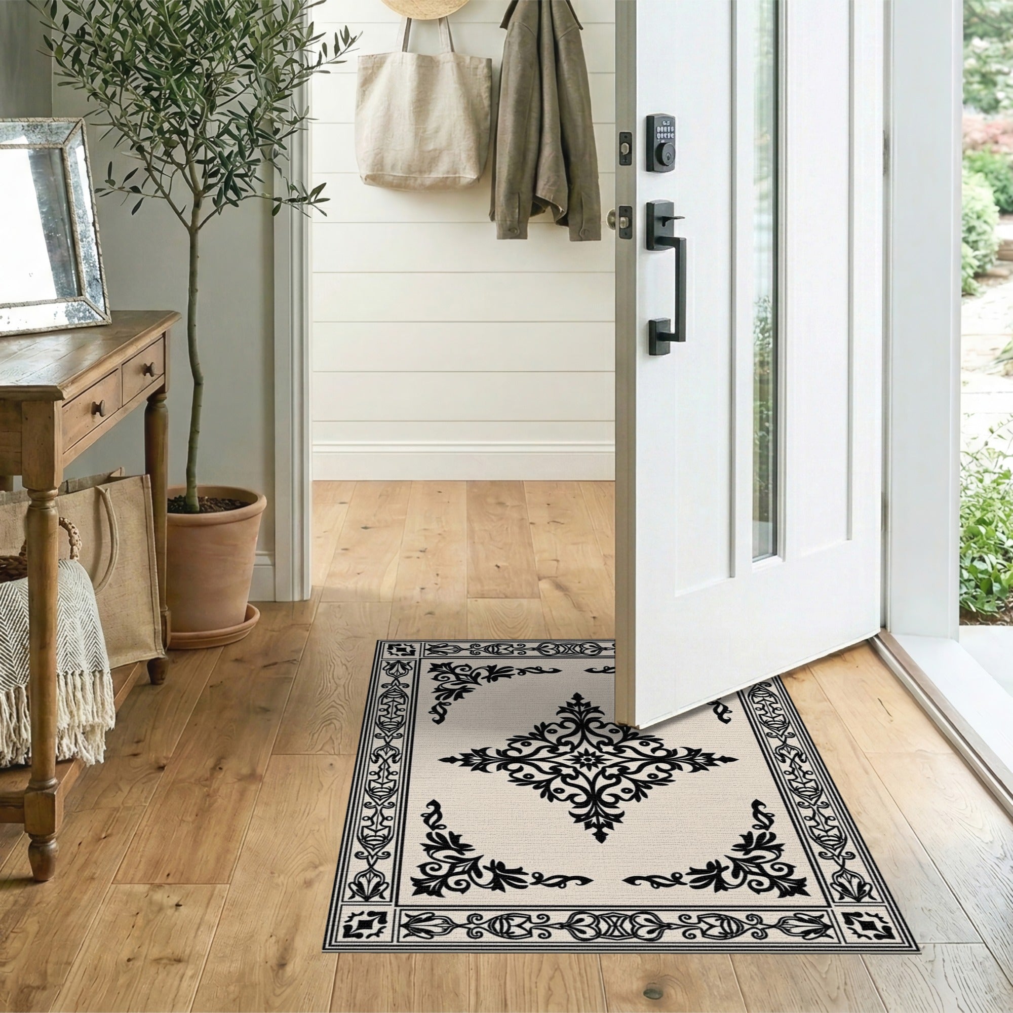 Traditional Persian Black and White Ornate Black Floral Persian Area Rug