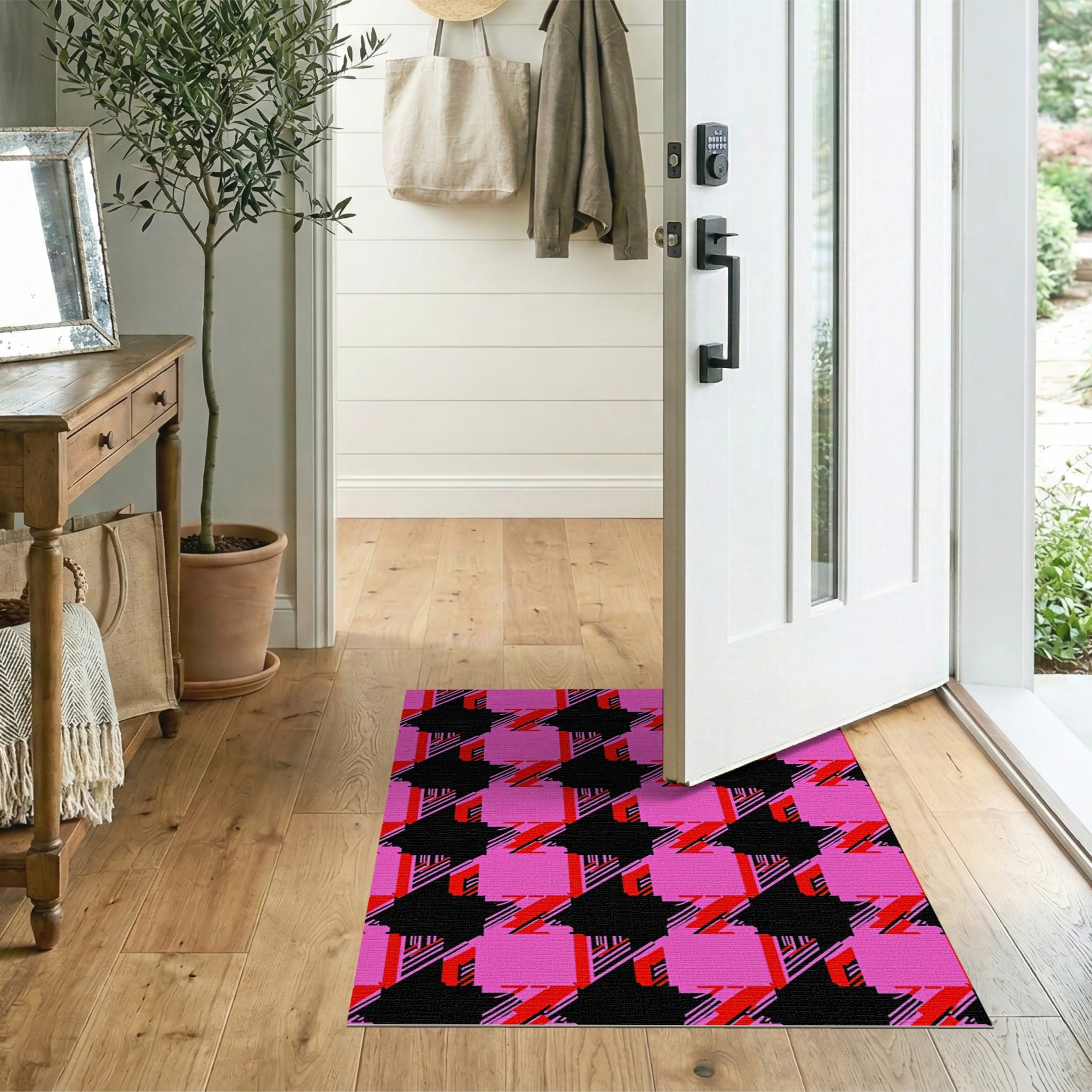 Bold Pink Houndstooth Geometric Area Rug